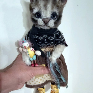 Jiji cat with her clown doll OOAK collectible art dolls