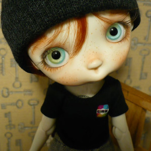 Miko doll with faceup eyes red hair tails wig