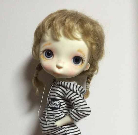 Miko doll with faceup eyes red hair tails wig