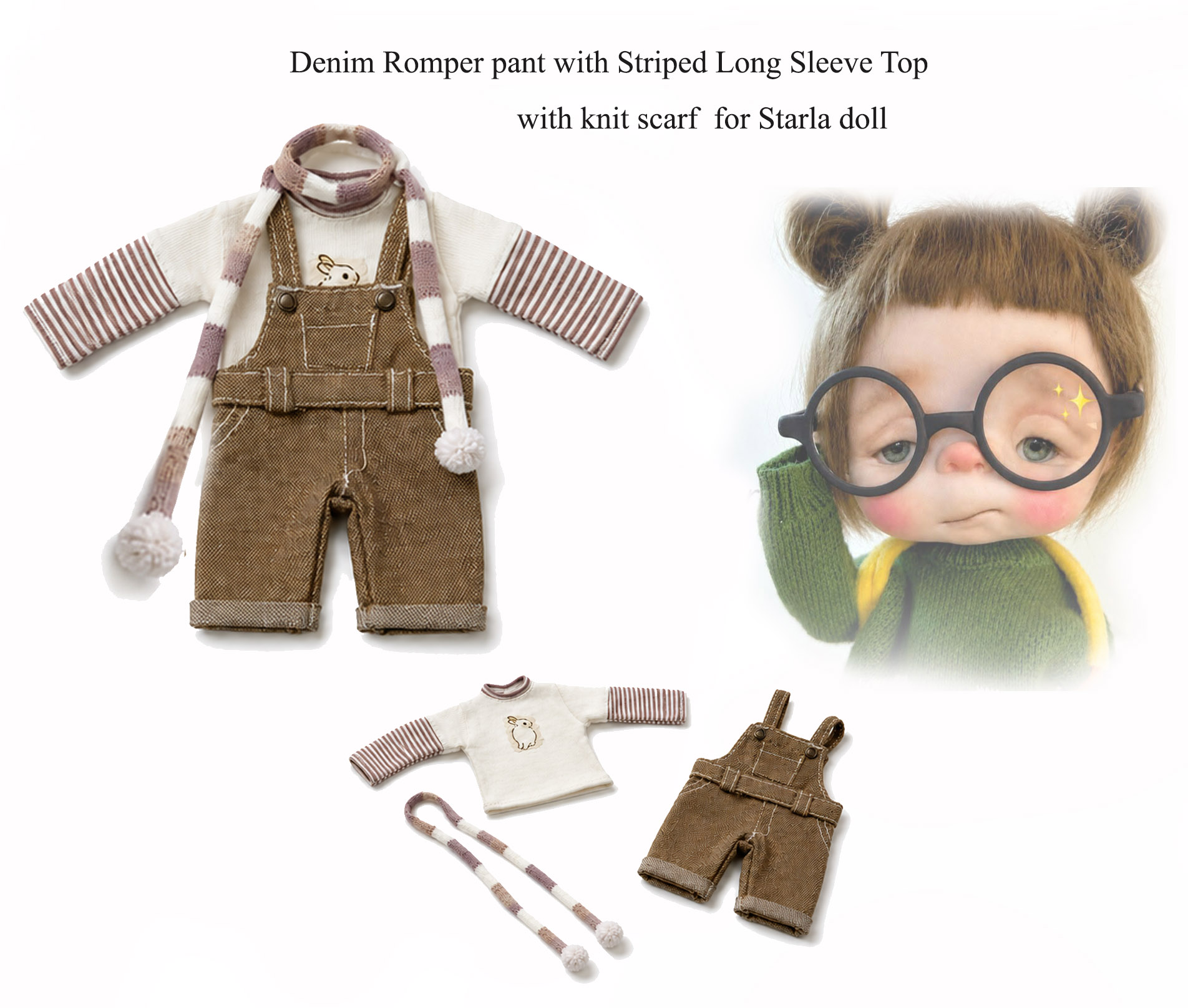T-Shirt with Suspender cotton dyed pant & knit scarf ,set for Starla doll