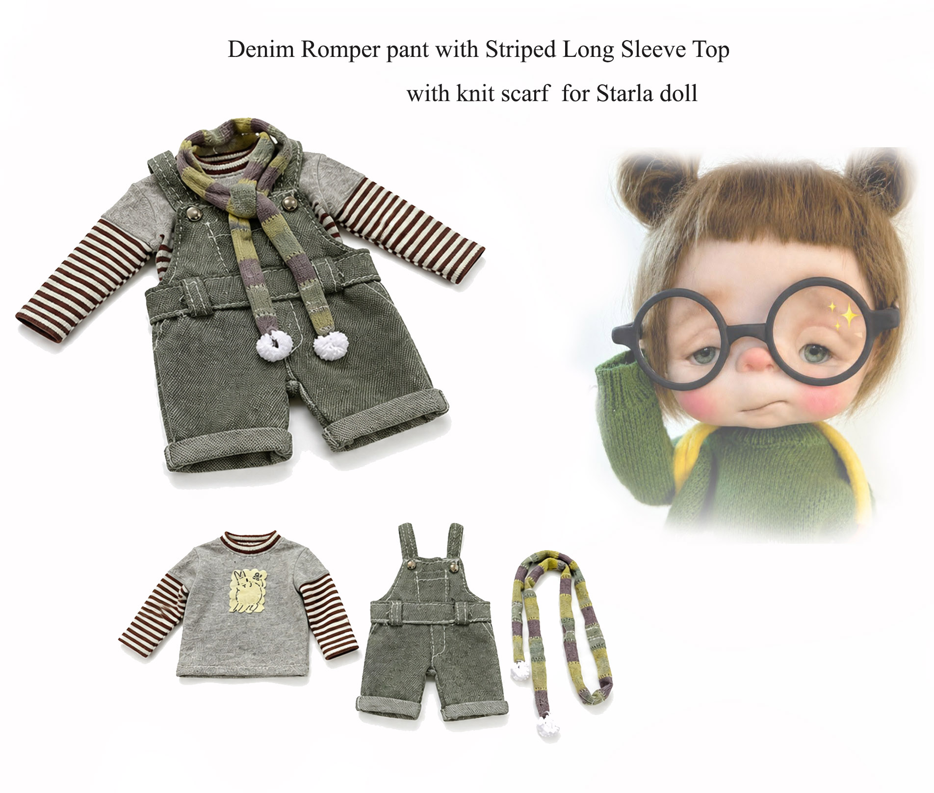 T-Shirt with Suspender cotton dyed pant & knit scarf ,set for Starla doll
