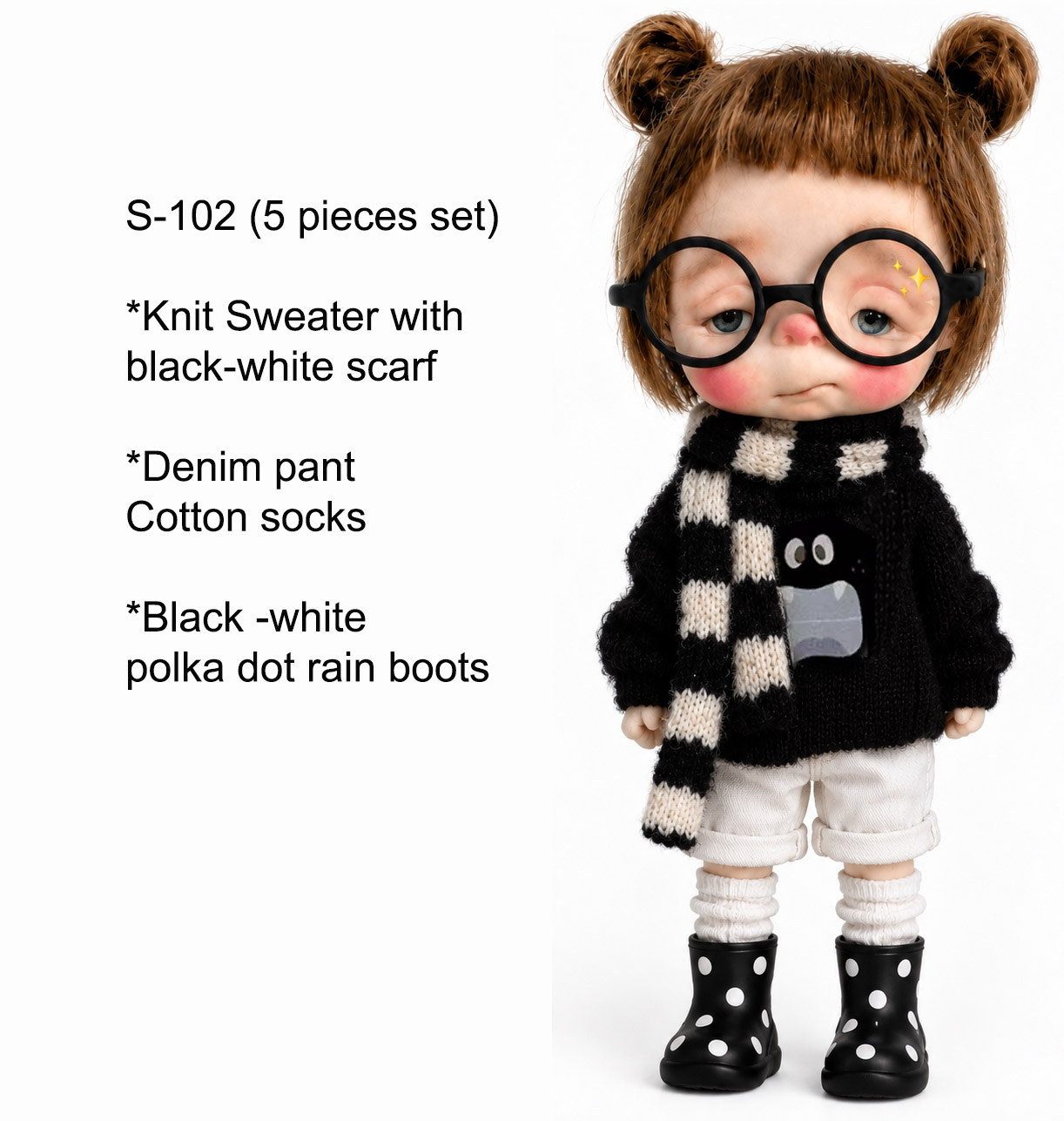 5 pcs set''Knit sweater with Cotton overall,knit scarf,socks and rain boots Outfit set'' S-102 for Starla doll